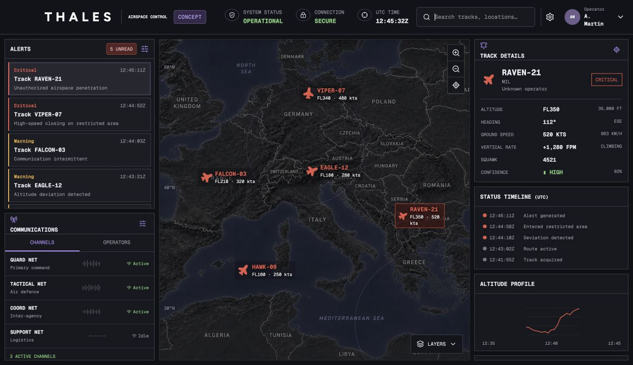 Concept airspace defence interface with alerts, communications, aircraft tracks, and contextual details